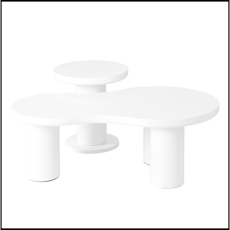 Ensemble de 2 tables basses gigognes faciles à assembler, de couleur crème avec une petite table d'appoint ronde, une table centrale irrégulière avec des pieds épais pour le salon, blanc, 39,3 po x 13,7 po, 15,7 po