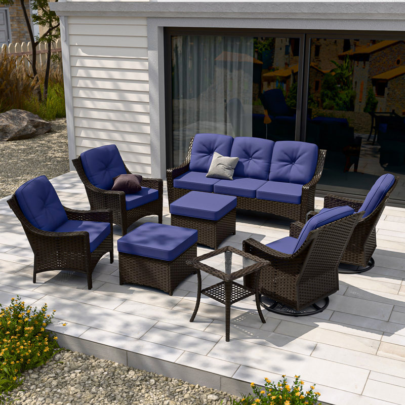 8 Piece Sectional Seating Group Rocker Chair with Cushions, Dark Blue