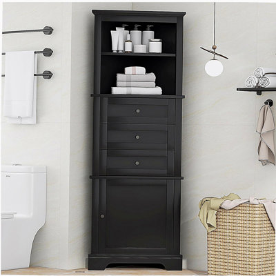 Grande armoire triangulaire noire avec 3 tiroirs et tablettes réglables pour la salle de bain, la cuisine ou le salon, panneau de fibres à densité moyenne avec finition peinte