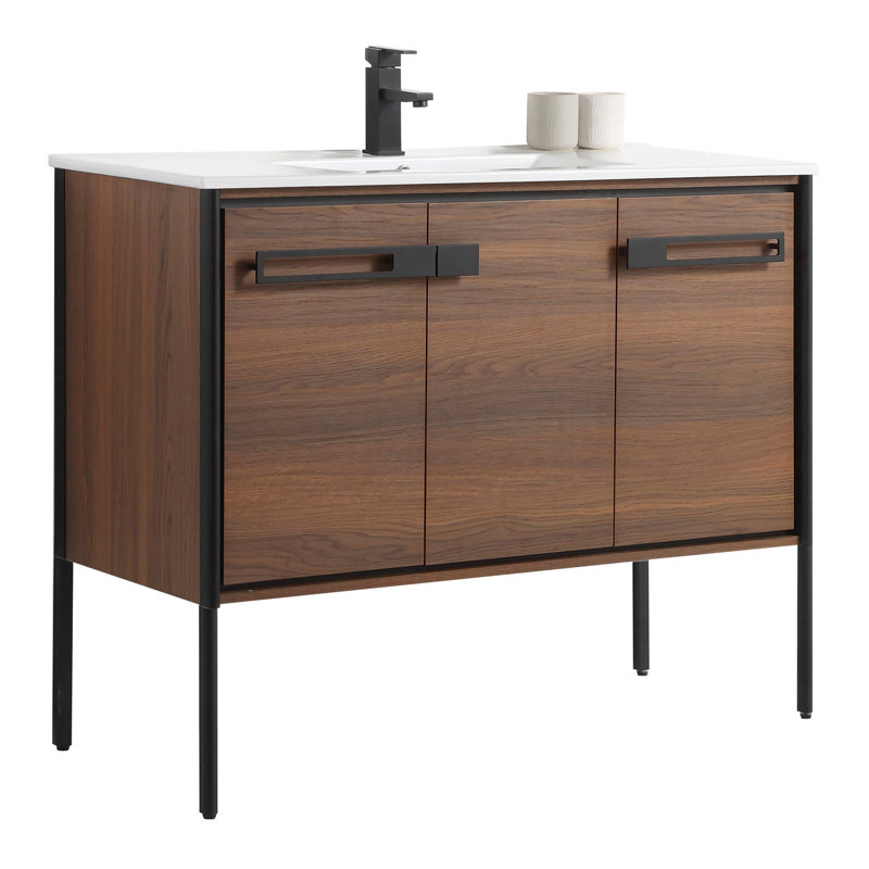 Meuble-lavabo simple 42 po, Noir mat, Noyer ébène