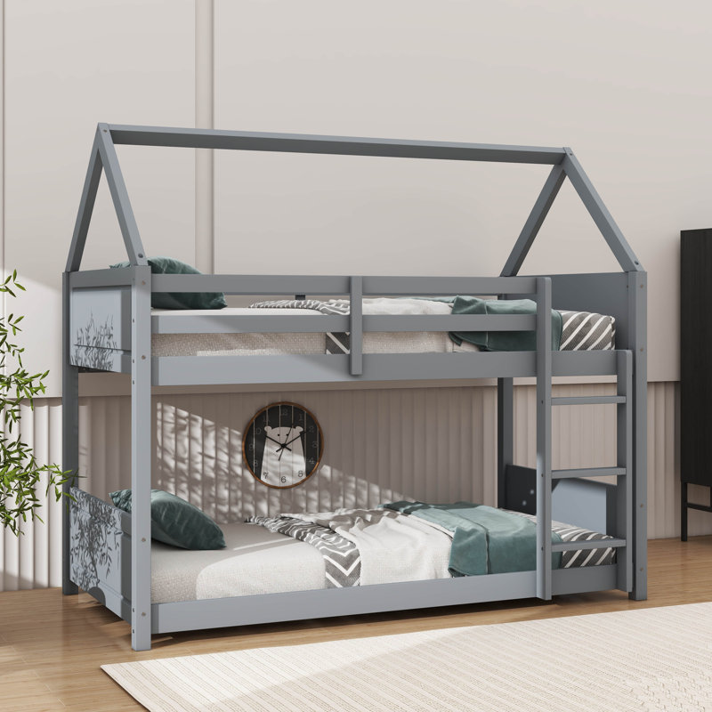Lit simple superposé simple avec cadre de style maison et toit chic, Gris clair