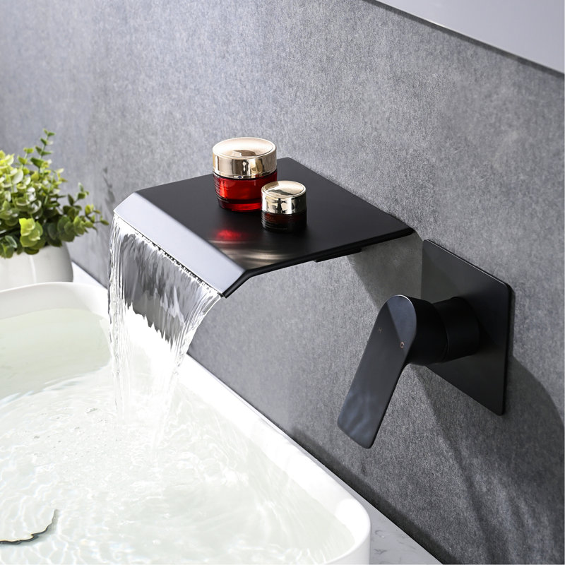 Modern Bathroom Sink Faucet With Waterfall - Wall Mounted Matte Black Stainless Steel Water Flow Adjusting Instrument Single Handle Controller