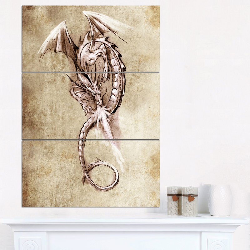 Croquis en dragon dragon imaginaire-ensemble de 3 impressions sur toiles tendues