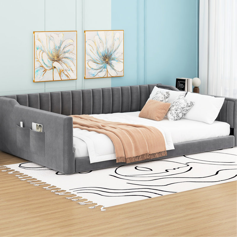 Lit de jour double moderne gris avec rangement latéral - Offre une fonction polyvalente sans sommier tapissier Instructions d'assemblage simples Revêtement et pochette dimensionnés pour diverses utilisations