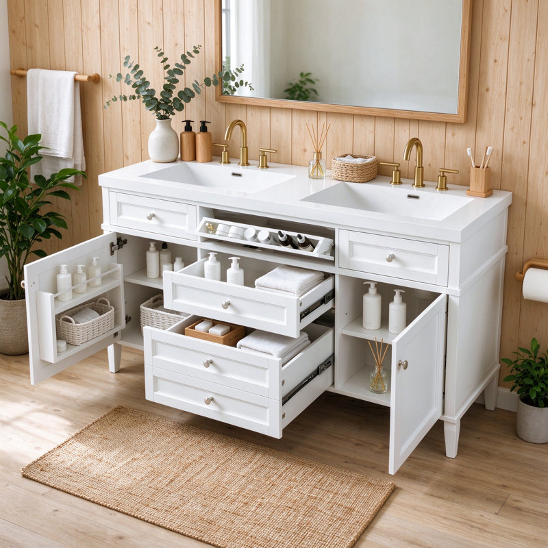 Ensemble de meuble-lavabo double 59,1 po avec lavabo en résine blanc, 3 tiroirs, 2 portes à fermeture en douceur et tablette réglable