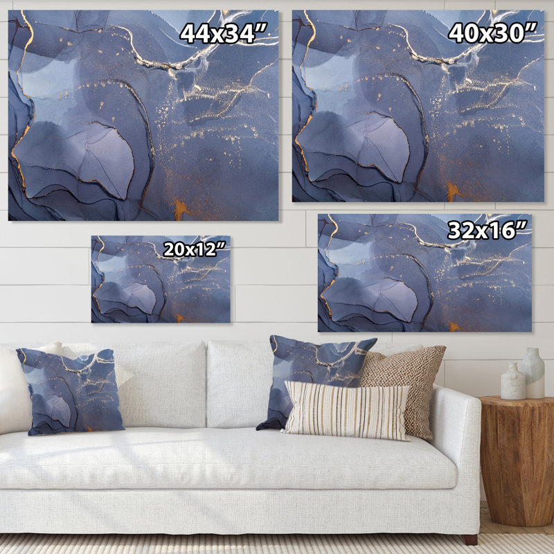 Encre liquide grise et bleue, art I - peinture sur toile, H 24 po x l 32 po, Toile tendue