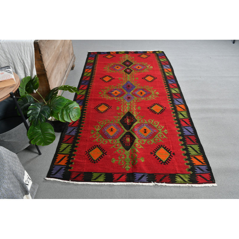 Tapis kilim turc rétro en laine rouge avec motif géométrique pastel Oushak rouge / vert