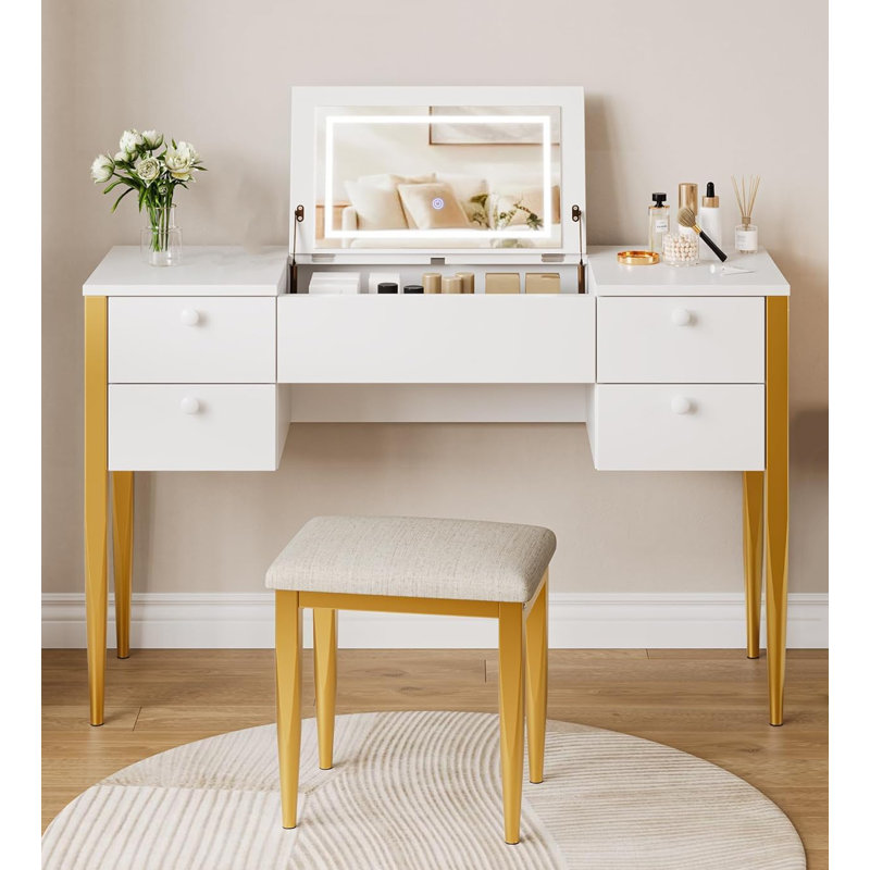 Dressing Table with Mirror, White/Gold