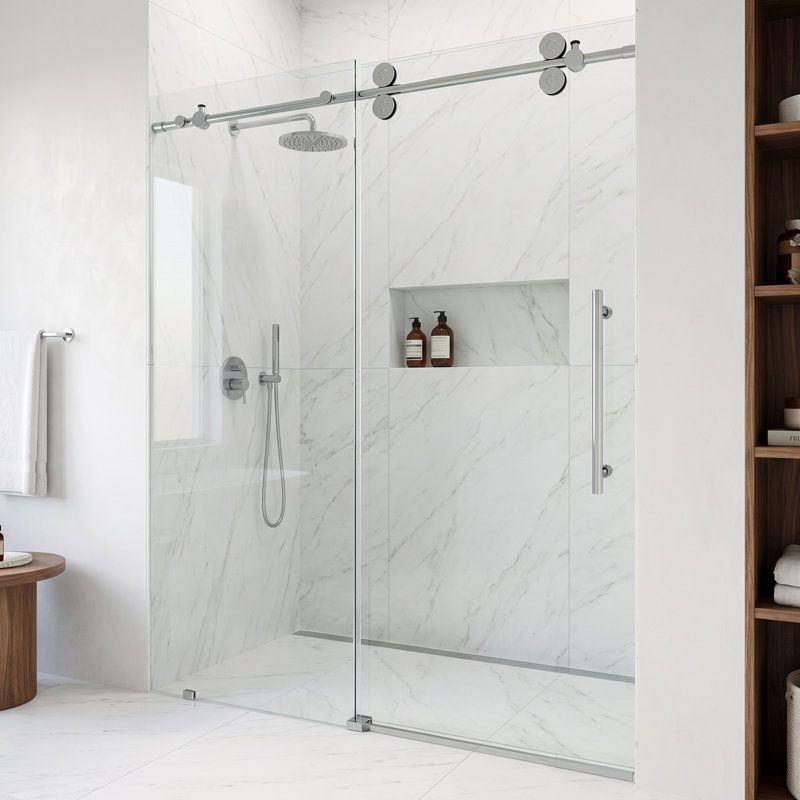 Porte de douche coulissante sans cadre avec verre transparent 3/8 po l 44-48 po x H 74 po Elan, Chrome chrome