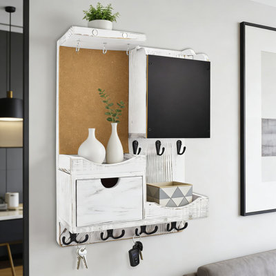 Wall Mounted Key Holder And Mail Organizer With Chalkboard, Corkboard, Storage Shelf, And Drawer For Entryway Organization