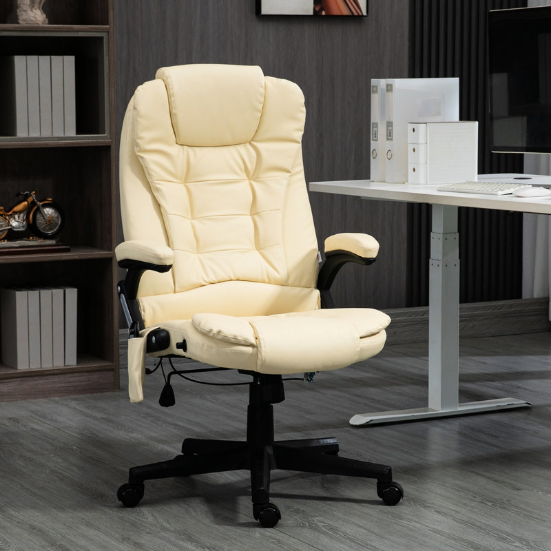 Fauteuil d'ordinateur en cuir beige avec chauffage et vibration, accoudoirs, télécommande pour un massage apaisant du bureau de travail 6 vibrations, accoudoirs inclinables chauffants tout confort