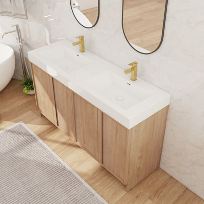 Meuble-lavabo double sur pied de 152 cm avec deux armoires à double porte, étagères ouvertes et lavabos en résine à rebord épais – Solution de rangement moderne