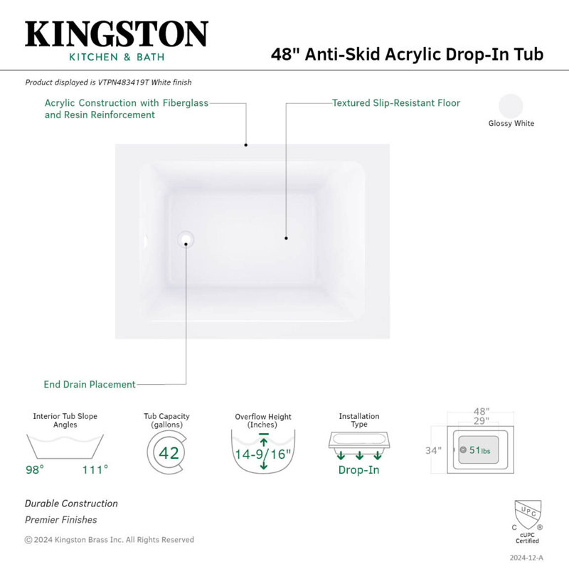Baignoire encastrée rectangulaire en acrylique 48 pouces avec surface antidérapante Kingston