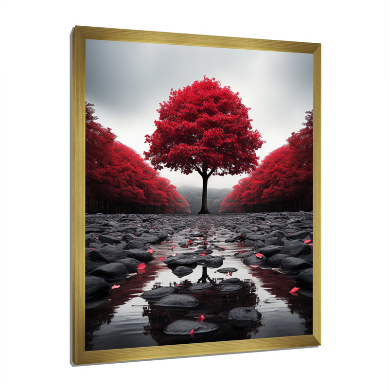 Rouge et gris forêt sérénité - art mural forêt, H 40 po x l 30 po x P 1,5 po, Cadre doré simple