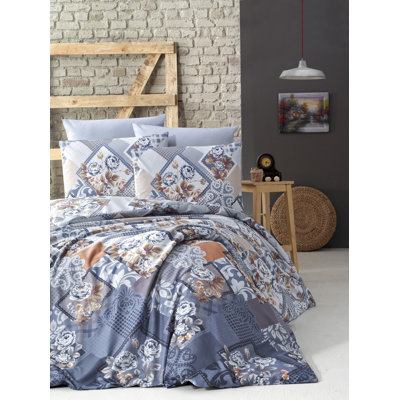 Ensemble de housse de couette 100% coton bleu / brun Erasme