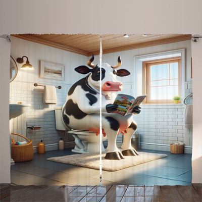 Ambesonne Curtains 2 Panel Set, Toilet of Cow Reading Paper, Pale Brown Grey Coconut -  p_sd1787_108x96
