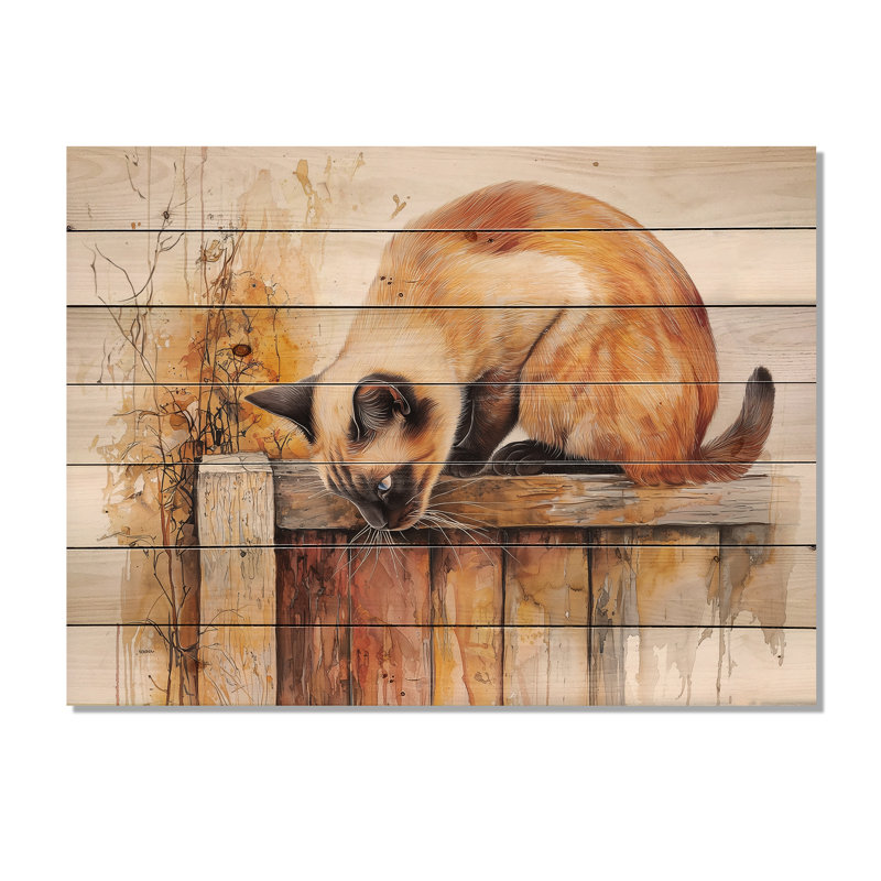 Le chat siamois curieux II - art mural moderne sur bois de pin naturel, H 24 po x l 32 po
