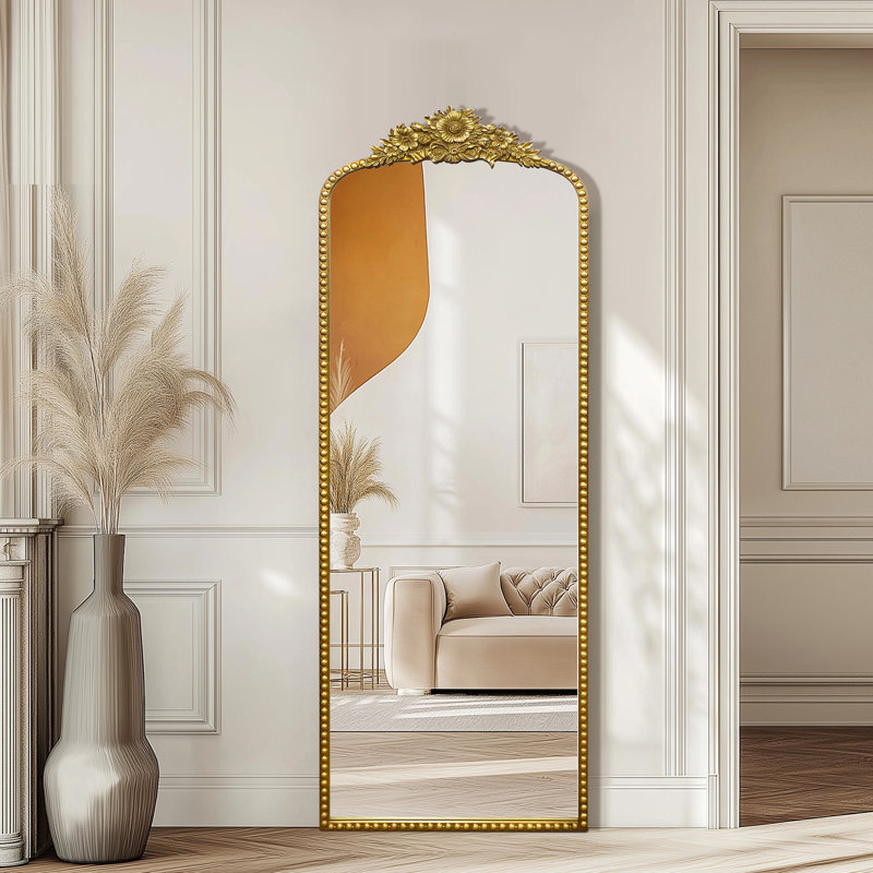 Miroir de plancher arqué antique orné pleine longueur / autoportant, 22 x 65 pouces, or rétro, 65 po x 22 po, Or rétro