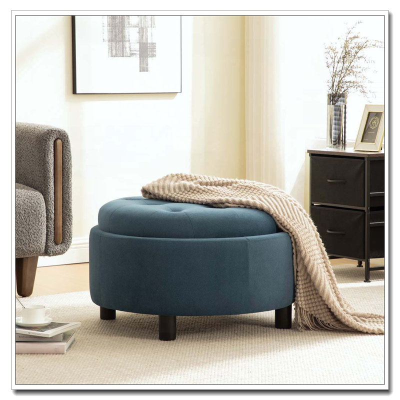 29.33"W Upholstered Round Ottoman, Blue