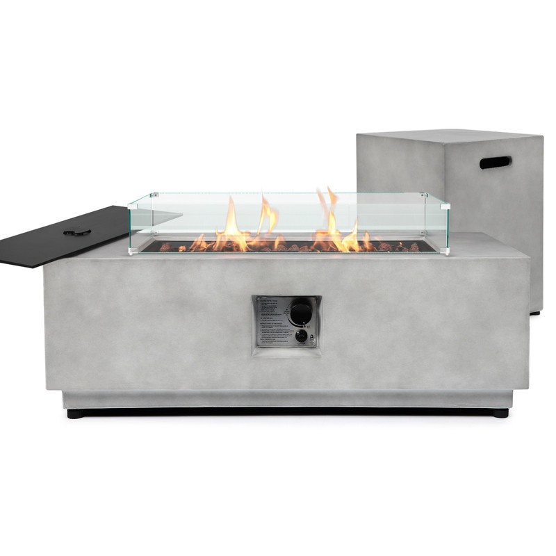 42-inch Rectangular Concrete Propane Fire Pit Table,50,000 BTU,Includes Glass Wind Guard and Tank Cover,for Patio,Deck,or Backyard