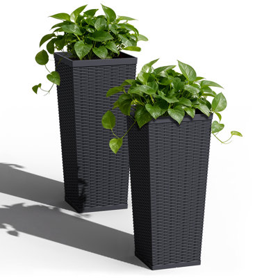Ensemble de 2 pots à fleurs en plastique imitation rotin de qualité supérieure avec trous de drainage, grands pots à fleurs pour l'intérieur et l'extérieur