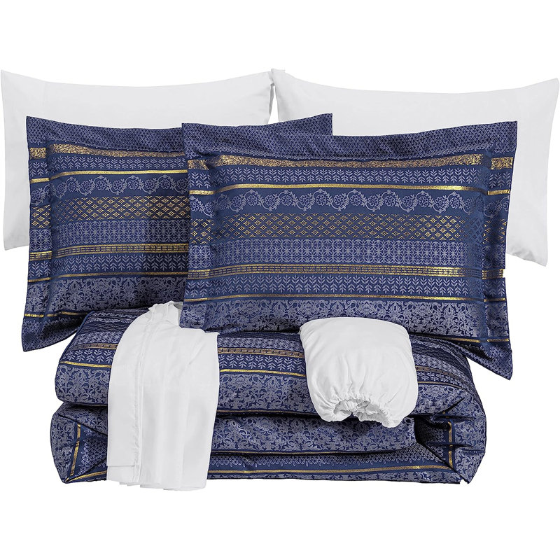 Blue Gold Floral Damask Jacquard Bed in a Bag Comforter Set with Sheets, Queen Comforter + 6 Additional Pieces