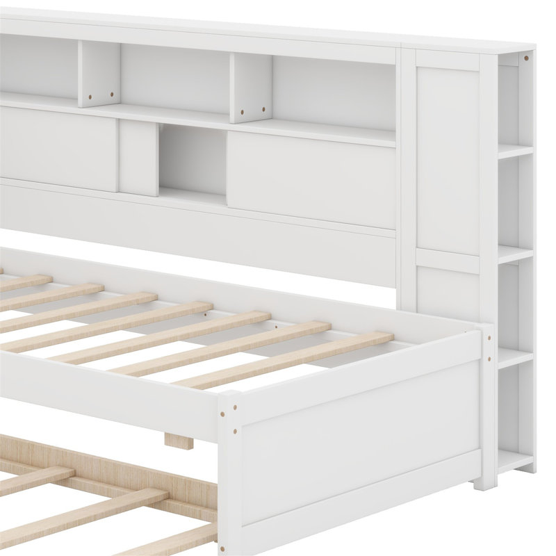 Lit de jour en bois avec tablettes de rangement, USB et lit gigogne, Blanc