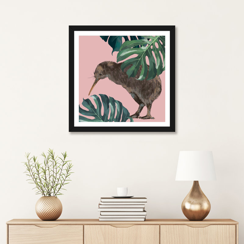 Kiwi oiseau avec monstera art, H 24 po x l 24 po x P 1 po, Papier avec cadre noir