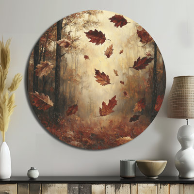 «Brown Falling Oak Leaves» - art mural rond en métal pour salon