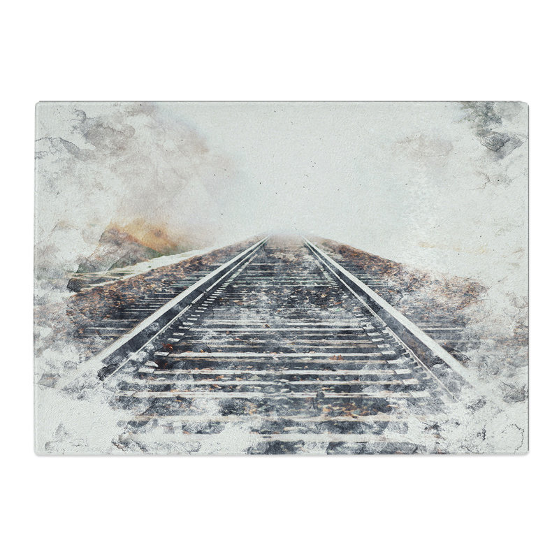 Tempered Glass Train Tracks in the Mist Watercolour Chopping Board, 28.5 cm x 39 cm