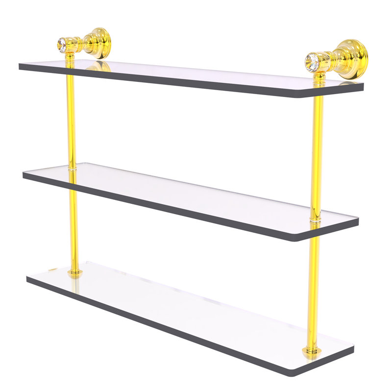 Étagère murale triple en cristal Freyja, H 16 po x l 22 po x P 5,54 po, Laiton poli
