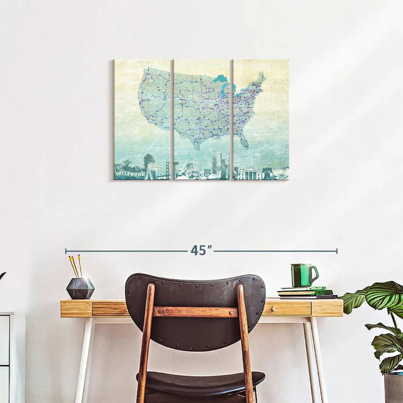 Carte des États-Unis sur autoroute, impression sur toile 3 pièces, H 33 po x l 20 po x P 1,25 po