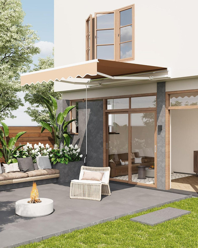 10'x8' Manual Retractable Awning with Crank Handle, Waterproof PU-Coated Polyester, Aluminum Frame for Deck, Patio, Porch, Balcony