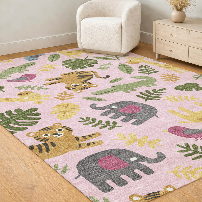 Machine Washable Indoor/Outdoor Chantille ACN2578 Kids Rug, Pink, 10' x 14'