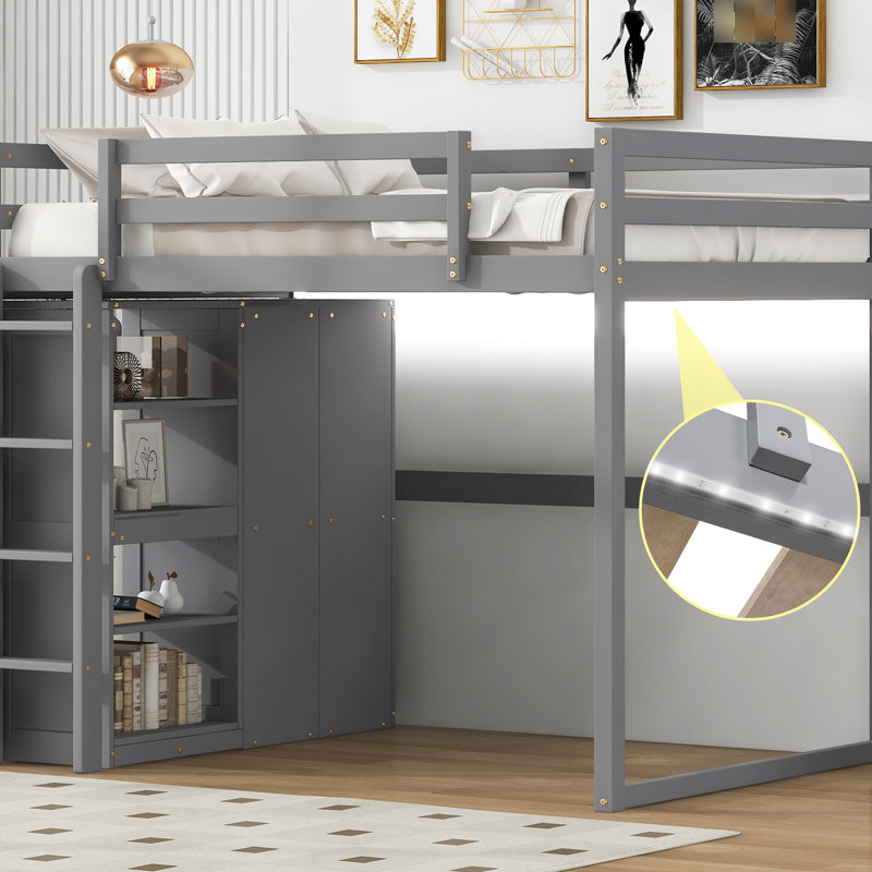 Lit mezzanine en bois gris avec garde-robe, rangement, lampe de bureau à DEL et tablettes pleines de stabilité, projecteur dans les tons