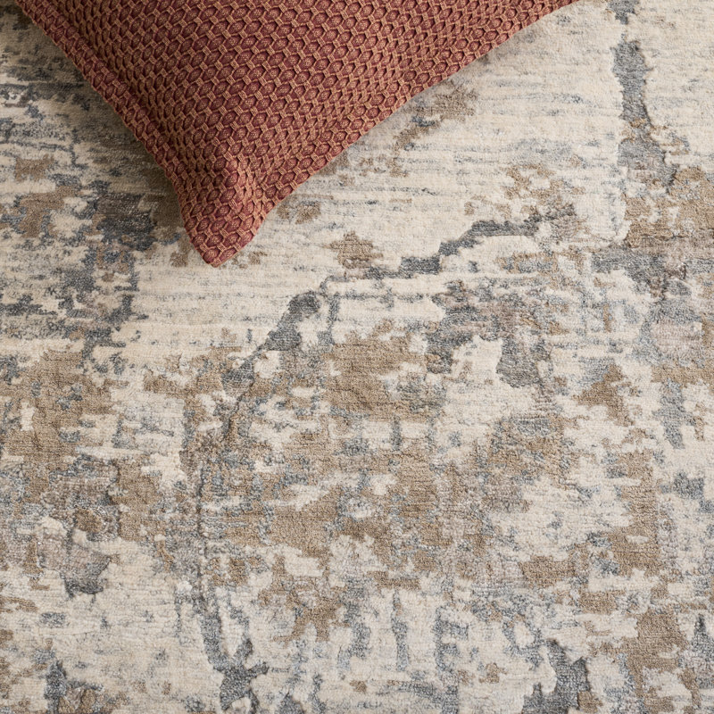 Tapis beige / gris en viscose / coton / lin / laine noué à la main Tiffany, Rectangle 9 pi x 12 pi