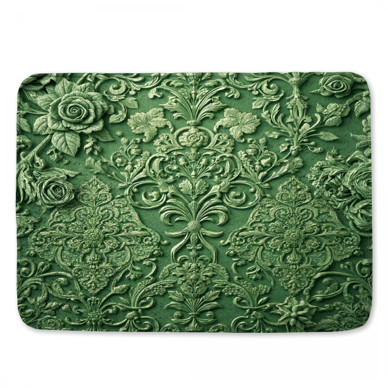 Green Floral Damask Bath Mat, 34in W x 21in L