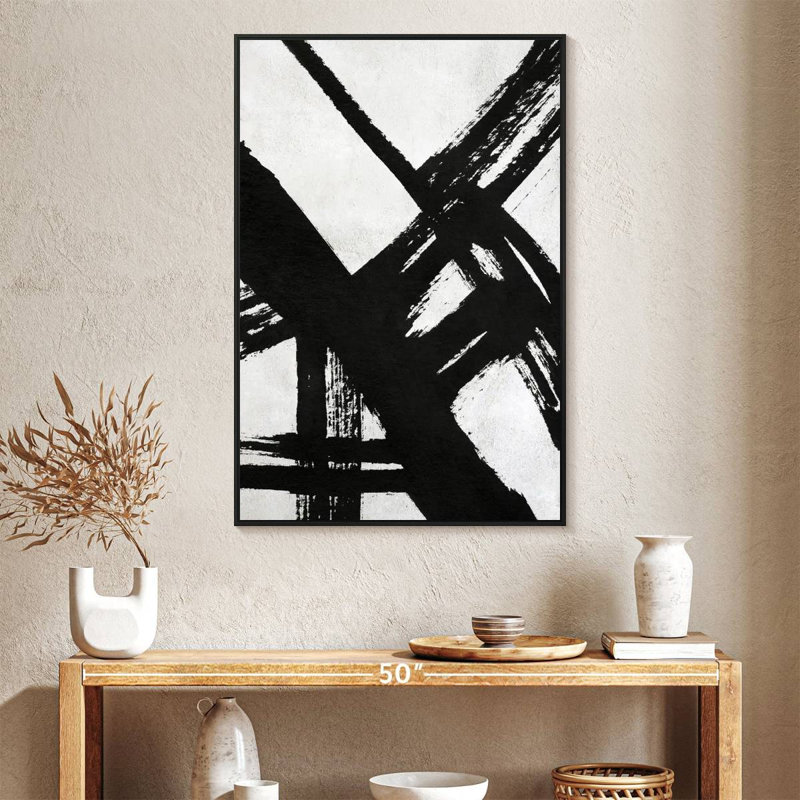 Encre noire stries VI, Cadre flottant noir, 27 po x 40 po