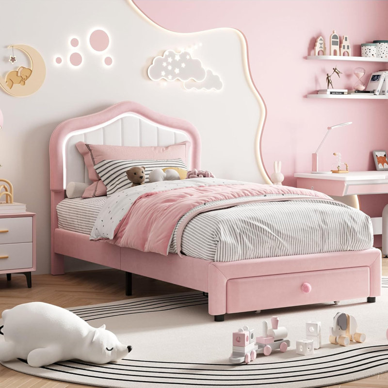 Bed for Girls with LED Headboard & Storage Drawer,Upholstered Full Size LED Bed Frame with Storage Drawer,Kids and Youth Princess Platform Bed, Upholstered Velvet, Easy Assembly