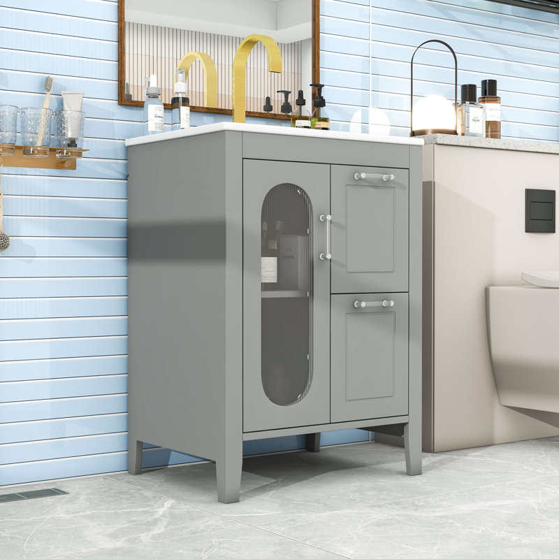 Meuble-lavabo moderne 24 po avec lavabo en céramique, tablettes réglables et 2 tiroirs, Gris