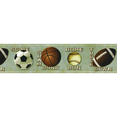 Prepasted Wallpaper Border - Sports Blue, Brown, Black All The Balls Wall Border Retro Design, 15 Ft. X 7.25 In.
