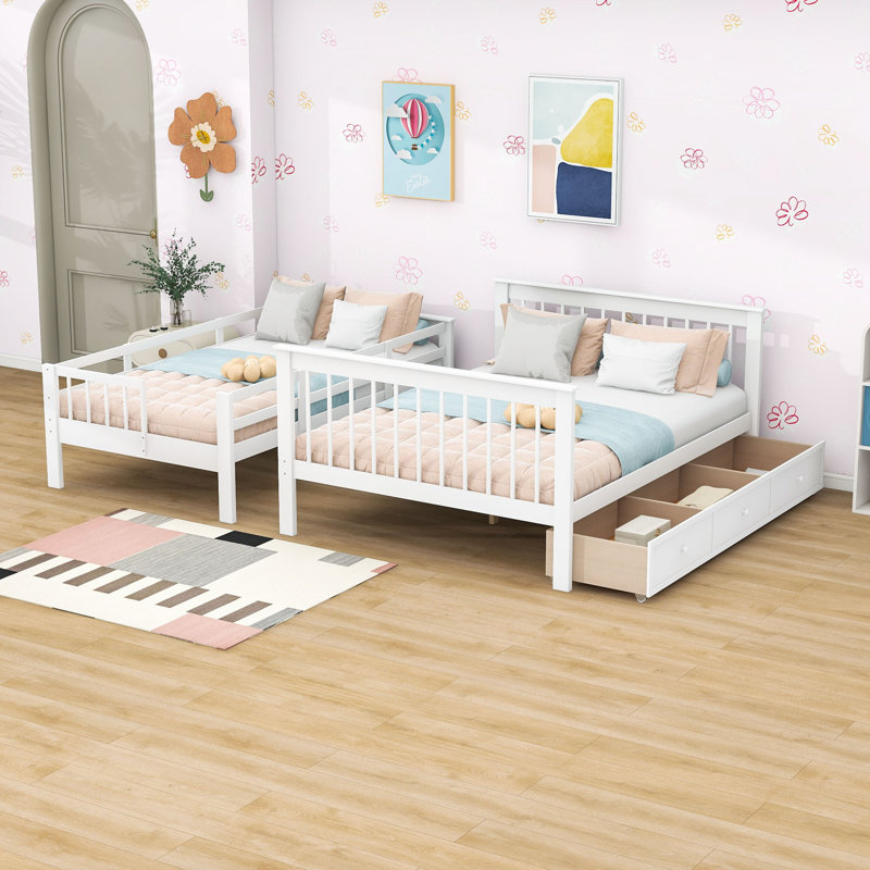 Lit superposé simple au dessus d'un lit double en bois avec rangement pour escalier et tiroirs, Blanc