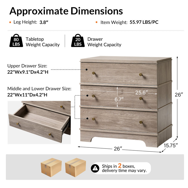 Mastin 26"W Modern 3-Drawer End Table with Built-In Charging Station Set of 2, Gray