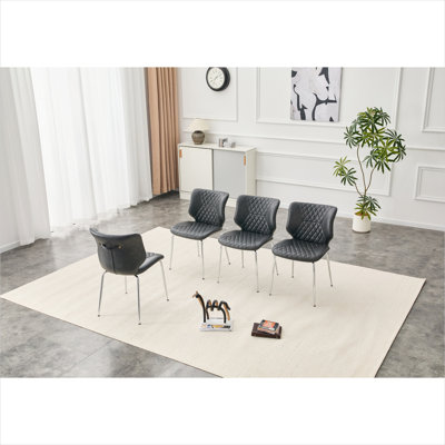 Chaises d'appoint latérales pour la salle à manger en cuir ciré huilé gris ardoise, ensemble de 4, dossier haut touffeté à losanges avec pieds en métal galvanisé