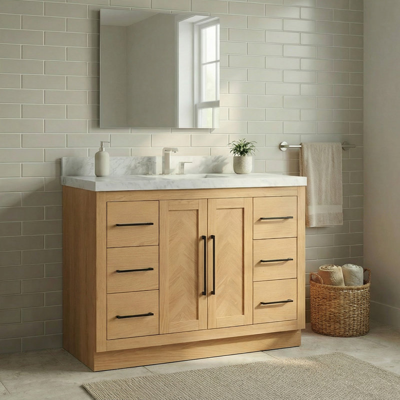 Vivian 48” Single Bath Vanity with Statuario Countertop, 48", Light Brown