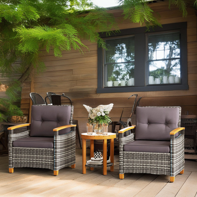 Ensemble de patio en rotin PE 3 pièces résistant aux intempéries, 2 chaises et table ronde avec coussins