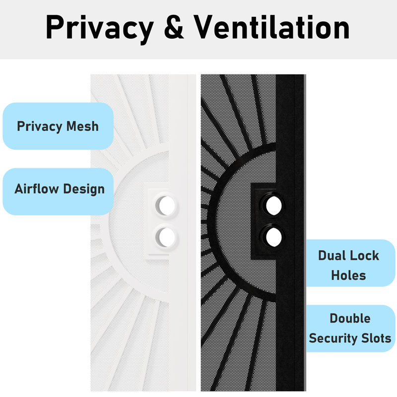 Porte moustiquaire de sécurité en acier maillé perforé avec finition résistante à la rouille et double alésage, réversible à gauche ou à droite en noir ou blanc