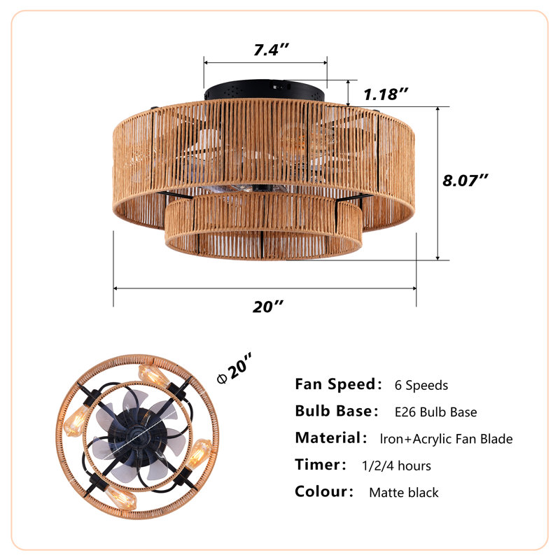 20" Double Tier Rope Cage Flush Mount Ceiling Fan With Light Kit, Remote Control, 6 Speed Dc Motor, Reversible For Living Room Bedroom, Low Profile Chandelier Style, Bulbs Not Included