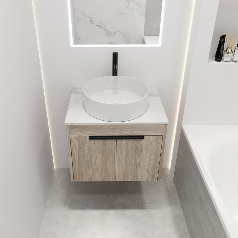 Meuble-lavabo mural simple 23,6 po avec meuble-lavabo en pierre frittée Hamedi