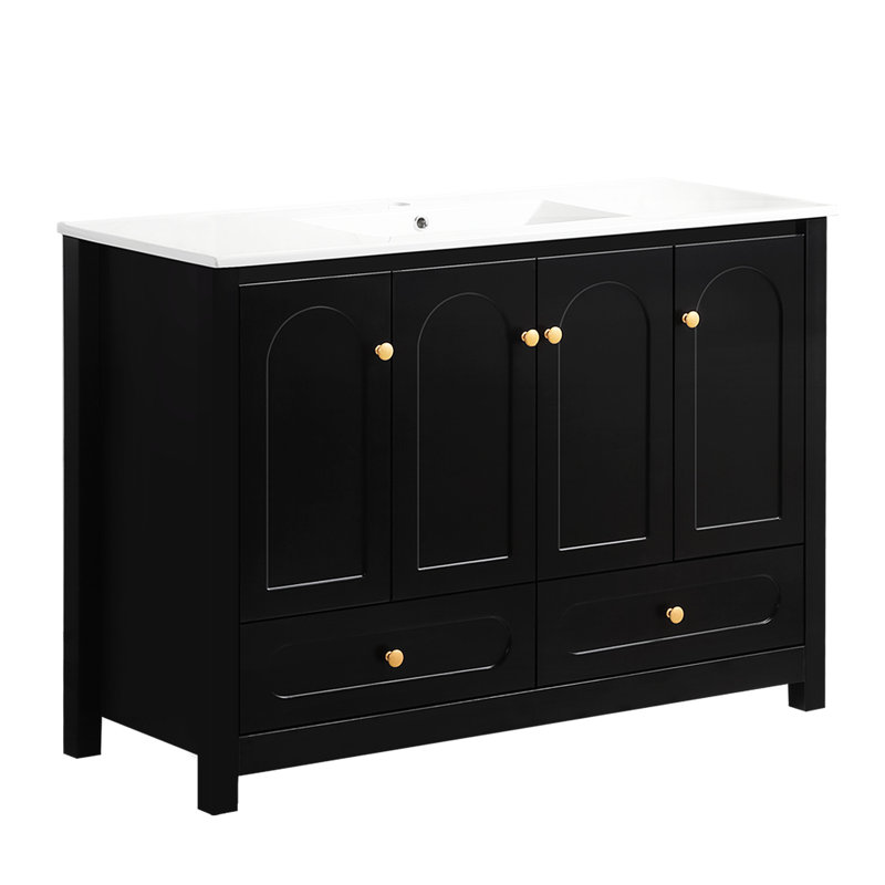 48 - Inch Wide Black Bathroom Vanity With Ample Storage, 4 Sliding Doors, 2 Drawers, Solid Wood Frame, Cabinet, Soft Close Doors For Silent Operation, Transitional Elegance In Black, Quiet And
